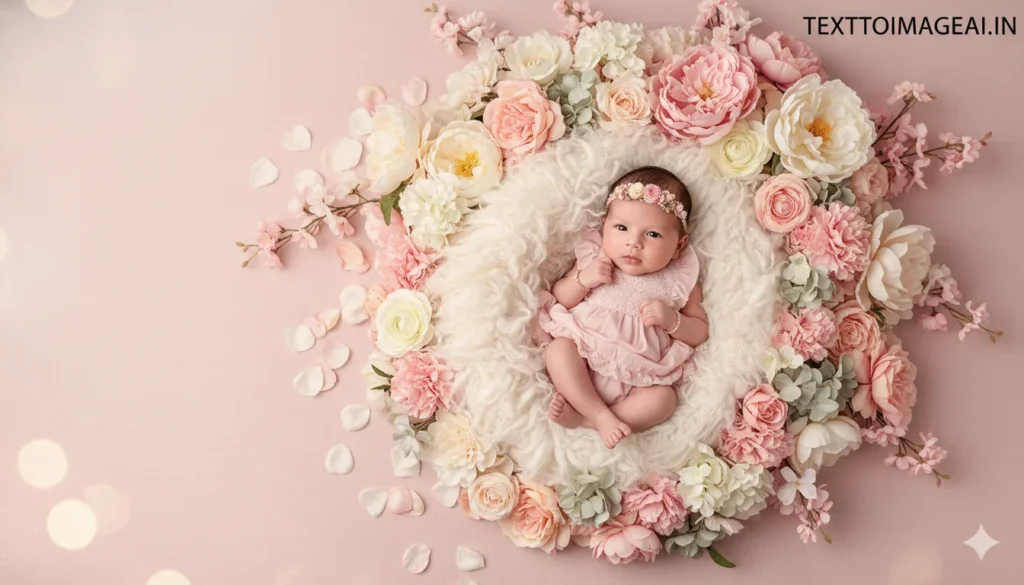 baby girl photoshoot prompt ideas pink floral newborn setup baby girl photoshoot prompt for gemini