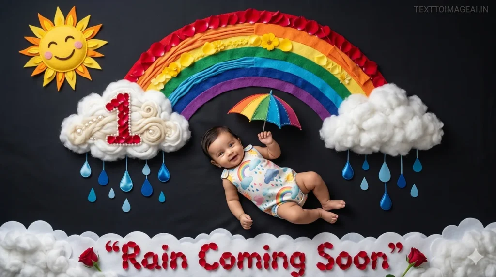 one month baby photoshoot rain theme rainbow umbrella setup one month baby photoshoot ideas at home