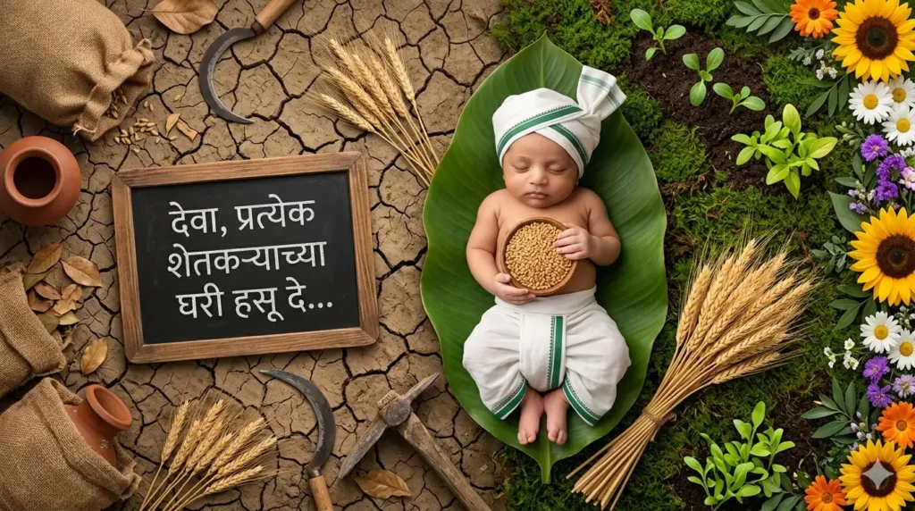 Prompt seen here showcases a creative baby photoshoot inspired by farming traditions and rural heritage. The traditional attire, harvest grains, farming tools, and nature-themed setup create a meaningful milestone portrait, making it ideal inspiration for baby one month photoshoot, baby six month photoshoot, and cultural baby photography themes.