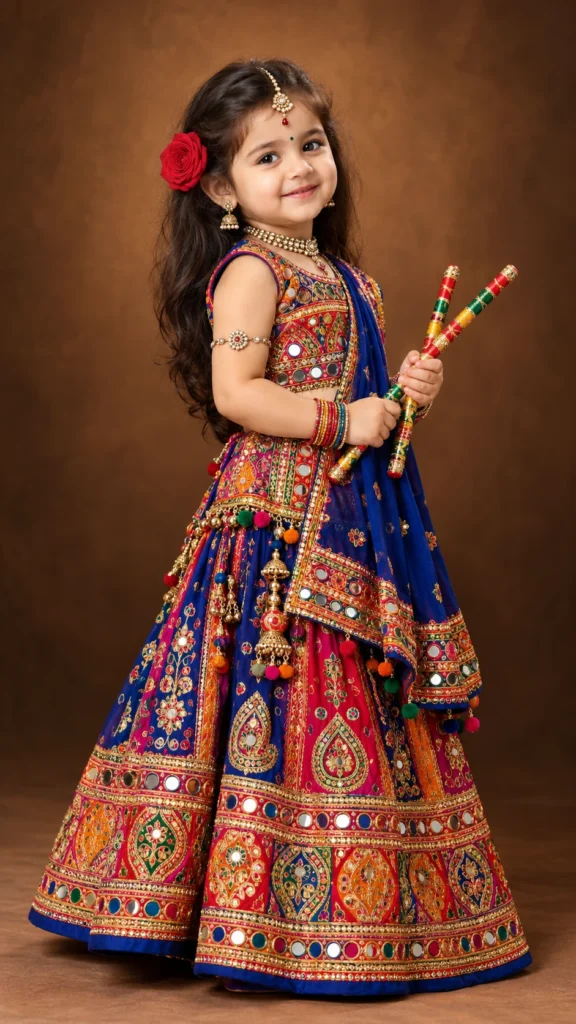 Young girl wearing a colorful traditional Gujarati lehenga choli with mirror work, embroidered details, jewelry, floral hair accessory, and holding decorated dandiya sticks in a studio portrait.